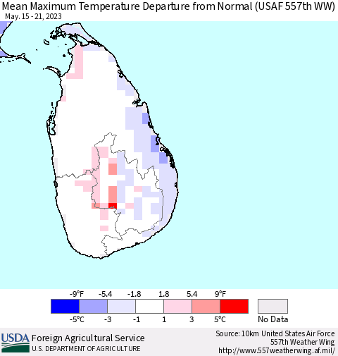 Sri Lanka Mean Maximum Temperature Departure from Normal (USAF 557th WW) Thematic Map For 5/15/2023 - 5/21/2023
