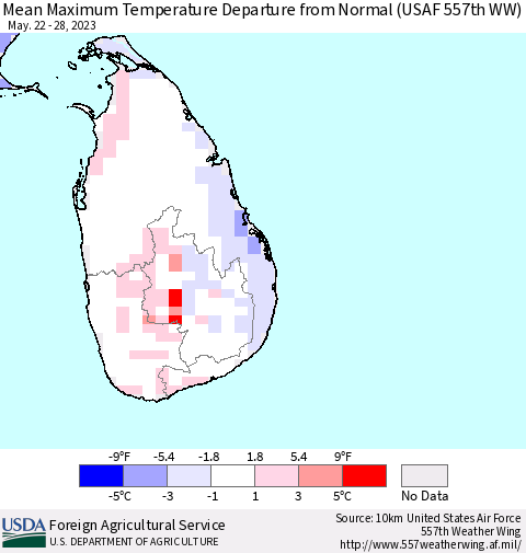 Sri Lanka Mean Maximum Temperature Departure from Normal (USAF 557th WW) Thematic Map For 5/22/2023 - 5/28/2023