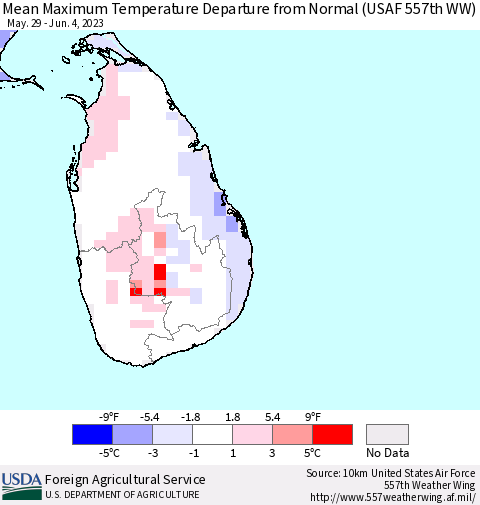 Sri Lanka Mean Maximum Temperature Departure from Normal (USAF 557th WW) Thematic Map For 5/29/2023 - 6/4/2023