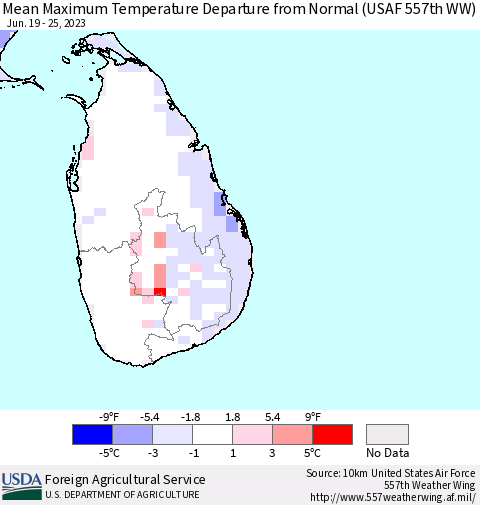 Sri Lanka Mean Maximum Temperature Departure from Normal (USAF 557th WW) Thematic Map For 6/19/2023 - 6/25/2023