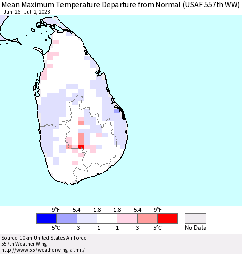 Sri Lanka Mean Maximum Temperature Departure from Normal (USAF 557th WW) Thematic Map For 6/26/2023 - 7/2/2023