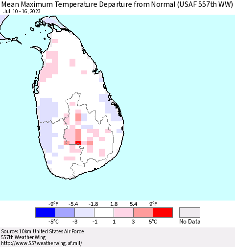 Sri Lanka Mean Maximum Temperature Departure from Normal (USAF 557th WW) Thematic Map For 7/10/2023 - 7/16/2023