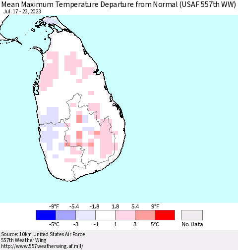 Sri Lanka Mean Maximum Temperature Departure from Normal (USAF 557th WW) Thematic Map For 7/17/2023 - 7/23/2023