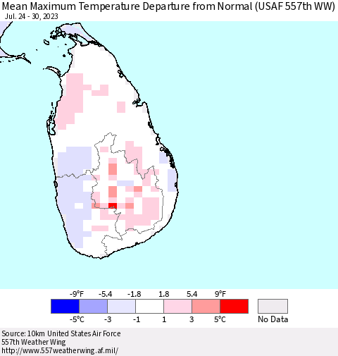 Sri Lanka Mean Maximum Temperature Departure from Normal (USAF 557th WW) Thematic Map For 7/24/2023 - 7/30/2023