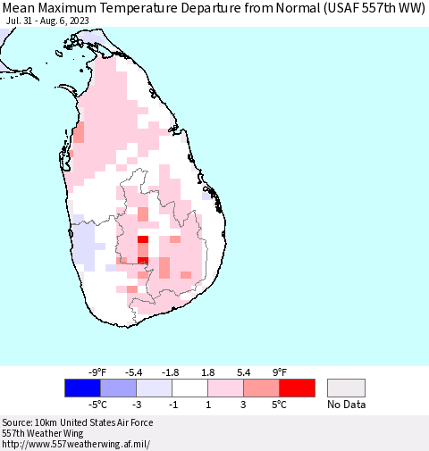 Sri Lanka Mean Maximum Temperature Departure from Normal (USAF 557th WW) Thematic Map For 7/31/2023 - 8/6/2023