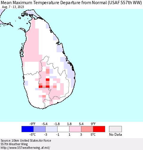 Sri Lanka Mean Maximum Temperature Departure from Normal (USAF 557th WW) Thematic Map For 8/7/2023 - 8/13/2023