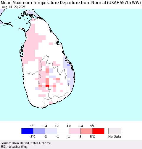 Sri Lanka Mean Maximum Temperature Departure from Normal (USAF 557th WW) Thematic Map For 8/14/2023 - 8/20/2023