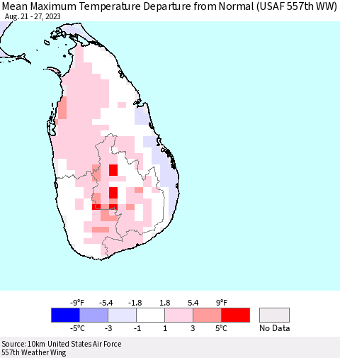 Sri Lanka Mean Maximum Temperature Departure from Normal (USAF 557th WW) Thematic Map For 8/21/2023 - 8/27/2023