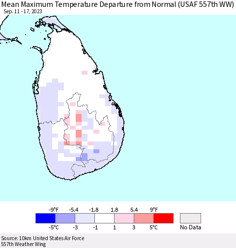 Sri Lanka Mean Maximum Temperature Departure from Normal (USAF 557th WW) Thematic Map For 9/11/2023 - 9/17/2023
