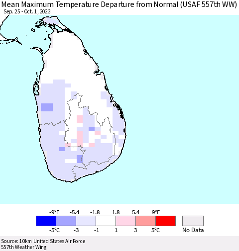 Sri Lanka Mean Maximum Temperature Departure from Normal (USAF 557th WW) Thematic Map For 9/25/2023 - 10/1/2023