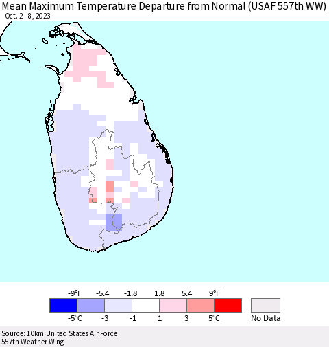 Sri Lanka Mean Maximum Temperature Departure from Normal (USAF 557th WW) Thematic Map For 10/2/2023 - 10/8/2023