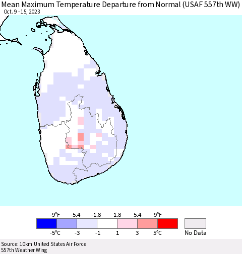 Sri Lanka Mean Maximum Temperature Departure from Normal (USAF 557th WW) Thematic Map For 10/9/2023 - 10/15/2023