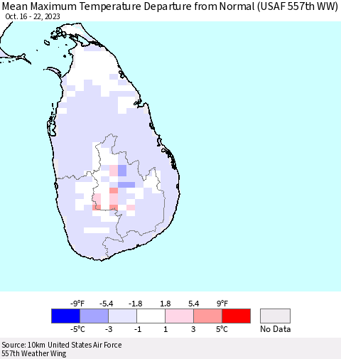 Sri Lanka Mean Maximum Temperature Departure from Normal (USAF 557th WW) Thematic Map For 10/16/2023 - 10/22/2023