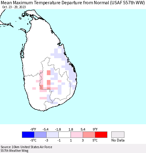 Sri Lanka Mean Maximum Temperature Departure from Normal (USAF 557th WW) Thematic Map For 10/23/2023 - 10/29/2023