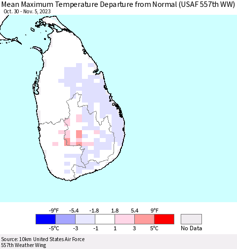 Sri Lanka Mean Maximum Temperature Departure from Normal (USAF 557th WW) Thematic Map For 10/30/2023 - 11/5/2023