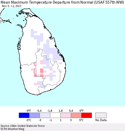 Sri Lanka Mean Maximum Temperature Departure from Normal (USAF 557th WW) Thematic Map For 11/6/2023 - 11/12/2023