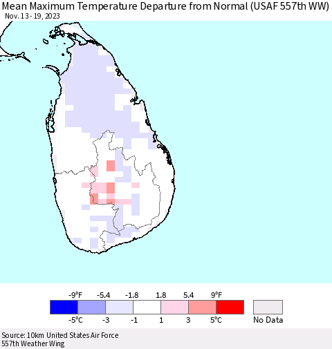 Sri Lanka Mean Maximum Temperature Departure from Normal (USAF 557th WW) Thematic Map For 11/13/2023 - 11/19/2023