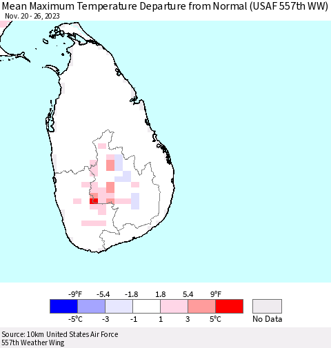 Sri Lanka Mean Maximum Temperature Departure from Normal (USAF 557th WW) Thematic Map For 11/20/2023 - 11/26/2023