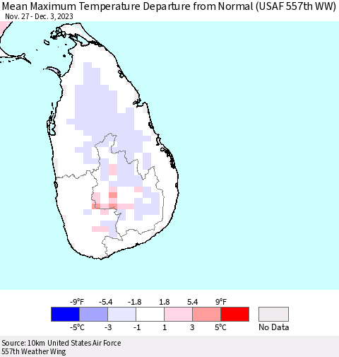 Sri Lanka Mean Maximum Temperature Departure from Normal (USAF 557th WW) Thematic Map For 11/27/2023 - 12/3/2023