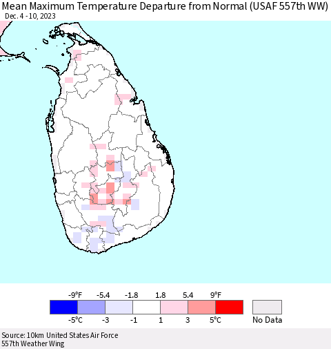 Sri Lanka Mean Maximum Temperature Departure from Normal (USAF 557th WW) Thematic Map For 12/4/2023 - 12/10/2023
