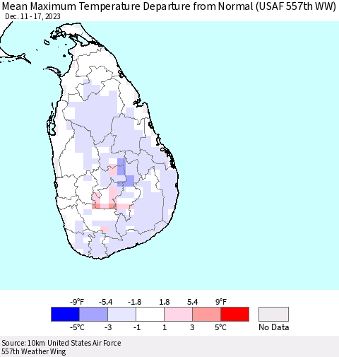 Sri Lanka Mean Maximum Temperature Departure from Normal (USAF 557th WW) Thematic Map For 12/11/2023 - 12/17/2023