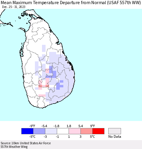 Sri Lanka Mean Maximum Temperature Departure from Normal (USAF 557th WW) Thematic Map For 12/25/2023 - 12/31/2023