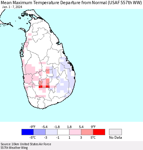Sri Lanka Mean Maximum Temperature Departure from Normal (USAF 557th WW) Thematic Map For 1/1/2024 - 1/7/2024