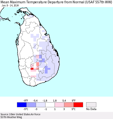 Sri Lanka Mean Maximum Temperature Departure from Normal (USAF 557th WW) Thematic Map For 1/8/2024 - 1/14/2024