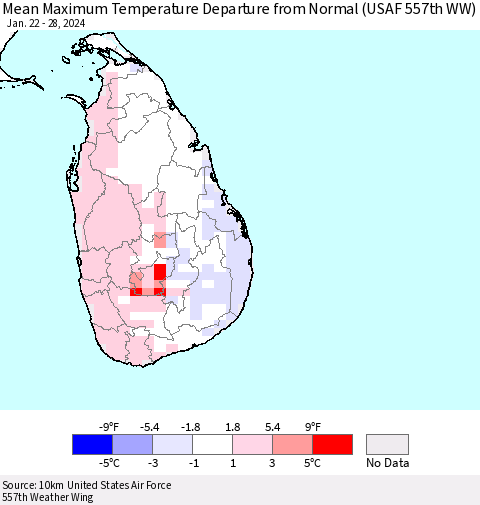 Sri Lanka Mean Maximum Temperature Departure from Normal (USAF 557th WW) Thematic Map For 1/22/2024 - 1/28/2024