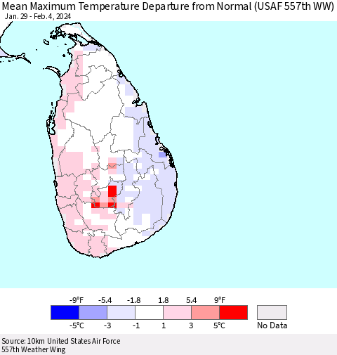 Sri Lanka Mean Maximum Temperature Departure from Normal (USAF 557th WW) Thematic Map For 1/29/2024 - 2/4/2024