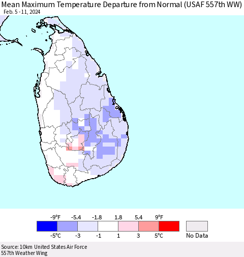 Sri Lanka Mean Maximum Temperature Departure from Normal (USAF 557th WW) Thematic Map For 2/5/2024 - 2/11/2024