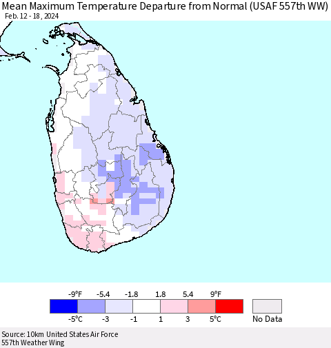 Sri Lanka Mean Maximum Temperature Departure from Normal (USAF 557th WW) Thematic Map For 2/12/2024 - 2/18/2024