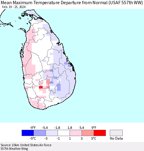 Sri Lanka Mean Maximum Temperature Departure from Normal (USAF 557th WW) Thematic Map For 2/19/2024 - 2/25/2024