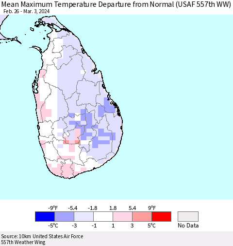 Sri Lanka Mean Maximum Temperature Departure from Normal (USAF 557th WW) Thematic Map For 2/26/2024 - 3/3/2024