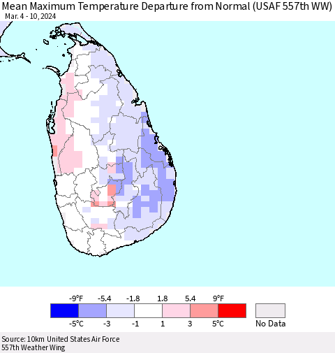 Sri Lanka Mean Maximum Temperature Departure from Normal (USAF 557th WW) Thematic Map For 3/4/2024 - 3/10/2024