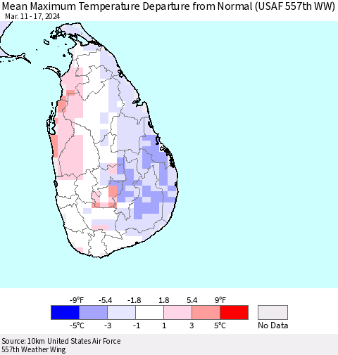Sri Lanka Mean Maximum Temperature Departure from Normal (USAF 557th WW) Thematic Map For 3/11/2024 - 3/17/2024