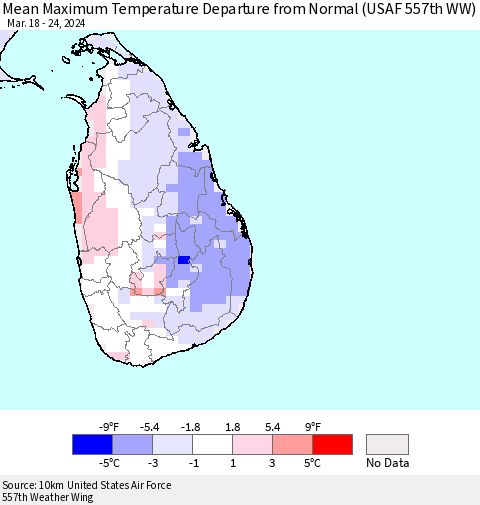 Sri Lanka Mean Maximum Temperature Departure from Normal (USAF 557th WW) Thematic Map For 3/18/2024 - 3/24/2024