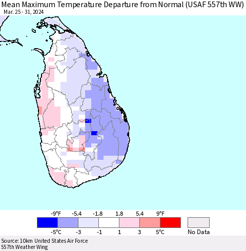 Sri Lanka Mean Maximum Temperature Departure from Normal (USAF 557th WW) Thematic Map For 3/25/2024 - 3/31/2024