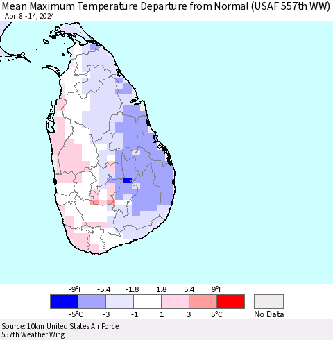 Sri Lanka Mean Maximum Temperature Departure from Normal (USAF 557th WW) Thematic Map For 4/8/2024 - 4/14/2024