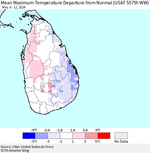 Sri Lanka Mean Maximum Temperature Departure from Normal (USAF 557th WW) Thematic Map For 5/6/2024 - 5/12/2024