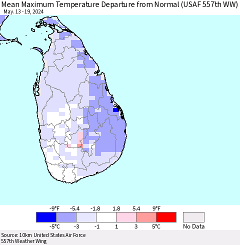 Sri Lanka Mean Maximum Temperature Departure from Normal (USAF 557th WW) Thematic Map For 5/13/2024 - 5/19/2024
