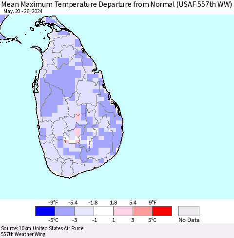 Sri Lanka Mean Maximum Temperature Departure from Normal (USAF 557th WW) Thematic Map For 5/20/2024 - 5/26/2024