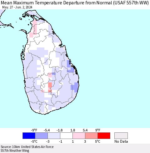 Sri Lanka Mean Maximum Temperature Departure from Normal (USAF 557th WW) Thematic Map For 5/27/2024 - 6/2/2024