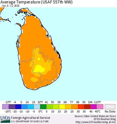 Sri Lanka Average Temperature (USAF 557th WW) Thematic Map For 1/6/2020 - 1/12/2020
