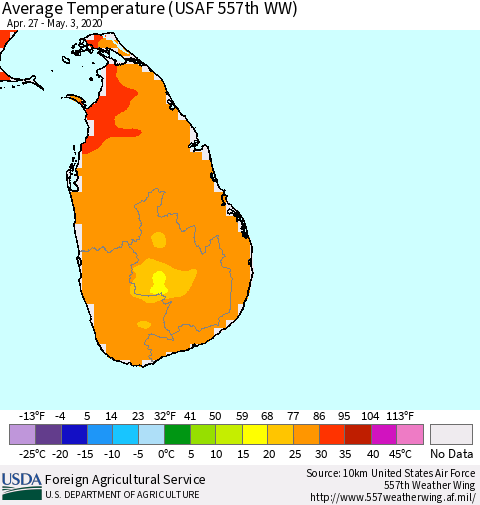 Sri Lanka Average Temperature (USAF 557th WW) Thematic Map For 4/27/2020 - 5/3/2020