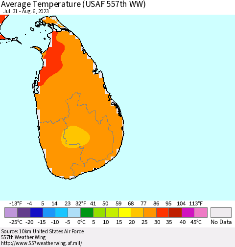 Sri Lanka Average Temperature (USAF 557th WW) Thematic Map For 7/31/2023 - 8/6/2023