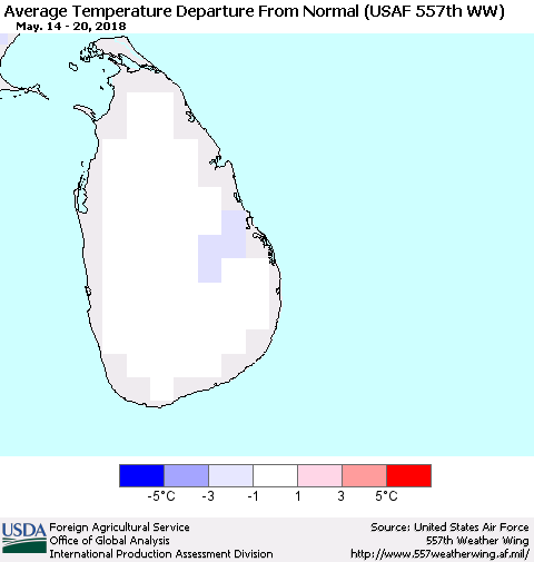 Sri Lanka Average Temperature Departure from Normal (USAF 557th WW) Thematic Map For 5/14/2018 - 5/20/2018
