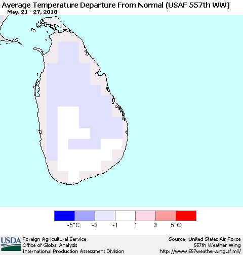 Sri Lanka Average Temperature Departure from Normal (USAF 557th WW) Thematic Map For 5/21/2018 - 5/27/2018