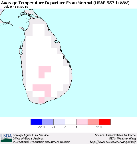 Sri Lanka Average Temperature Departure from Normal (USAF 557th WW) Thematic Map For 7/9/2018 - 7/15/2018