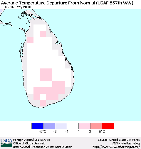 Sri Lanka Average Temperature Departure from Normal (USAF 557th WW) Thematic Map For 7/16/2018 - 7/22/2018